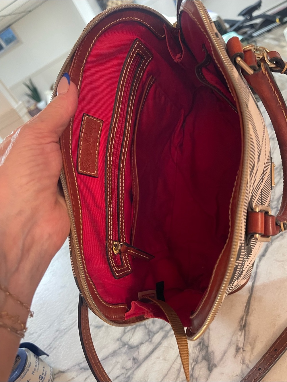 Dooney & Bourke Beige Satchel with Brown Trim and Lilac Flower Charm - Picture 13 of 15